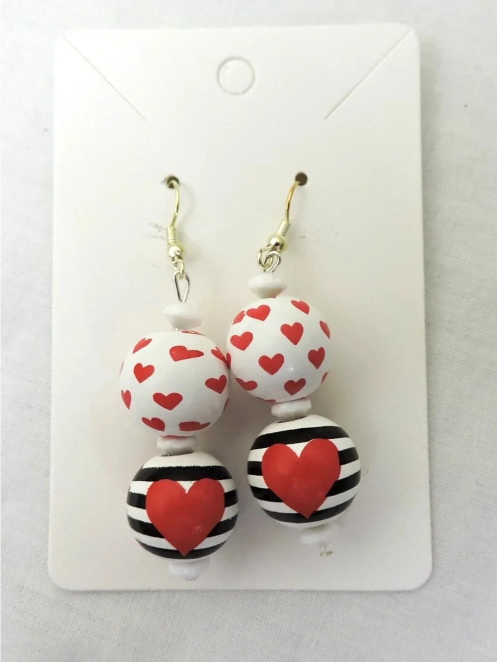 Hand Crafted Red and White Heart Drop Earrings